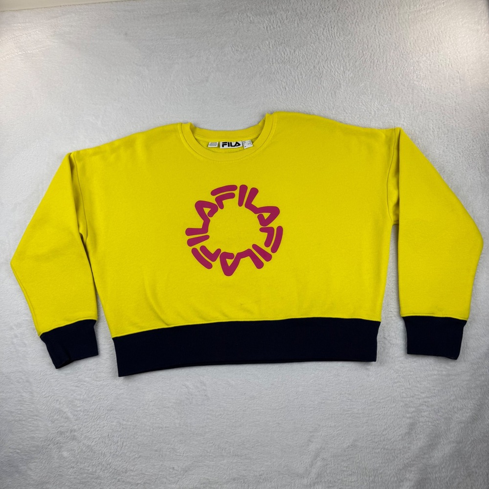 Fila Sweatshirt Womens L Yellow Navy Blue Graphic Logo Cropped Fleece Pullover